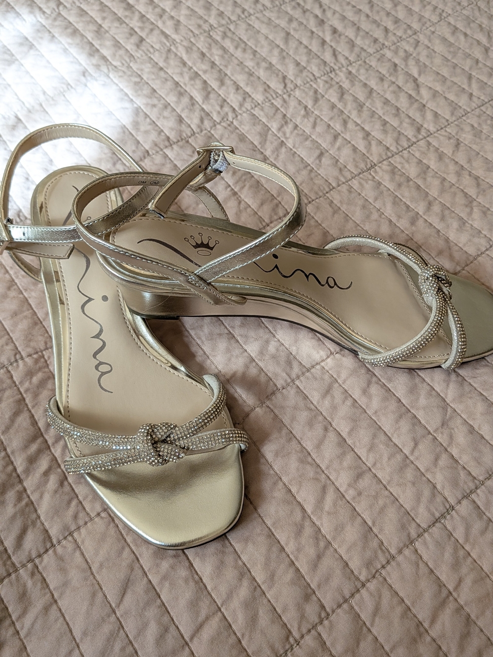 Nina Metallic Gold Knotted Rhinestone T-Strap Sandals